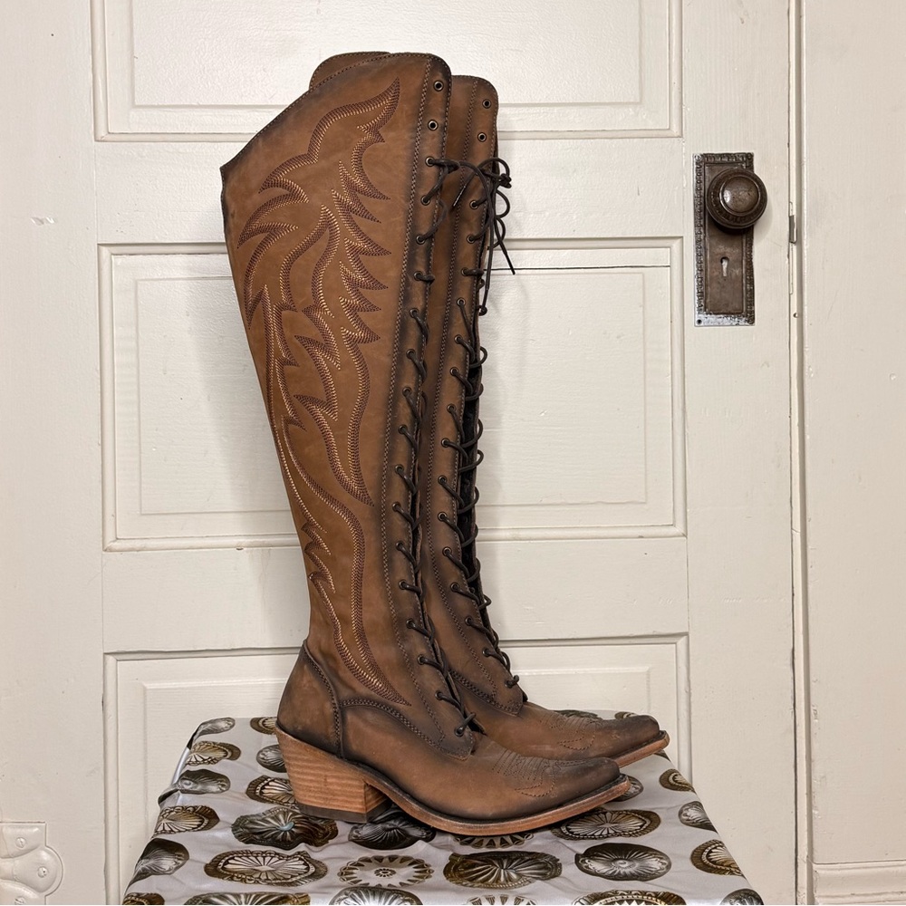 Brown Leather over the Knee lace up Liberty Black Boots - Picture 2 of 7